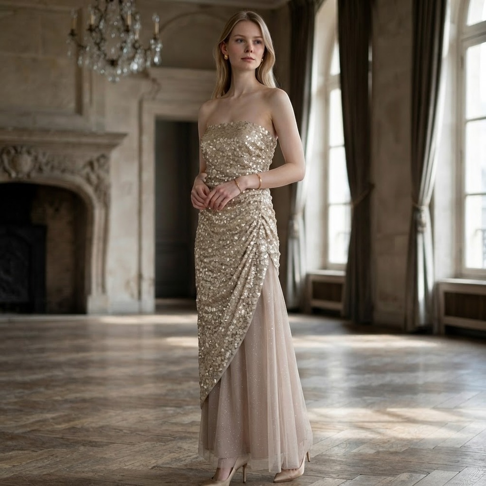 Deb Sequin Strapless Gown Women 5/6 Gold Ruched Tulle Asymmetrical Formal Dress